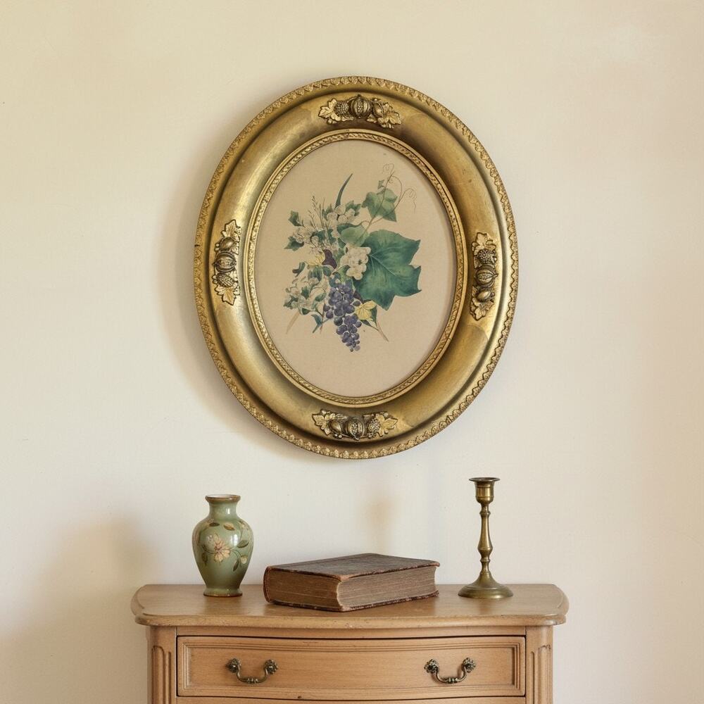 Antique Victorian Botanical Lithograph-Grapes-Oval-Gilt Gesso Wood Frame-Art